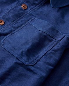 3sixteen French Moleskin Work Jacket - Japanese Indigo | Chore Coats | Huckberry Indigo Workwear Outerwear With Pockets, Chore Jacket Men, Washed Blue Cotton Workwear Shirt, Blue Chore Jacket, Men’s Chore Jacket, Chore Coat, Work Jacket, Work Jackets, Mens Fall