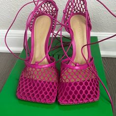 Nib Never Worn. 9.5 Which First Like 9 Or 8.5 To Me Sexy Sexy Lace-up Heels With Branded Heel Counter For Party, Designer Lace-up Heels For Night Out, Luxury Lace-up Summer Heels, Luxury Lace-up Spring Heels, Designer Lace-up Heels With Wrapped Heel, Luxury Lace-up Heels With Wrapped Heel, Pink Open-heel Mules For The Beach, Bottega Veneta Shoes, Hot Pink Color