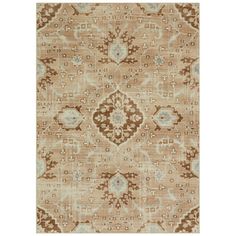 a beige rug with brown and blue accents