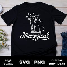 a black t - shirt that says meowical with a cat sitting on it