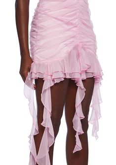 make them fall in love. This mini dress has a stretch tulle construction, a ruched bodice, statement ruffle trim with long tassels at the hemline, and a side zip closure. Stretch Ruffled Mini Dress, Stretch Mini Dress With Ruffles, Layered Hem Dress For Parties, Pink Ruffled Mini Dress, Pink Ruffled Mini Dress With Mini Hem, Spring Ruched Nylon Mini Dress, Flirty Pink Tiered Skirt Mini Dress, Pink Mini Dress With Ruffled Tiered Skirt, Flirty Pink Mini Dress With Tiered Skirt