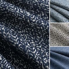 three different images of blue and white fabric, one with an animal print on it