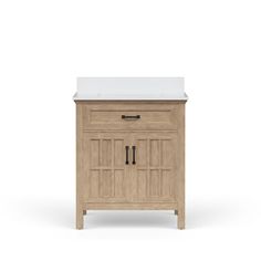 a wooden cabinet with a white counter top