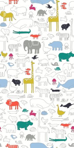 an elephant, giraffe and other animals are depicted in this colorful wallpaper