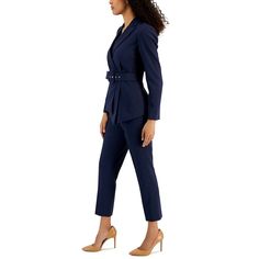 Step into the spotlight with the ultimate power outfit - the Belted Pantsuit from Tahari ASL. This impeccably tailored ensemble features a belted jacket with a sleek notch collar, wrap closure with snaps, and an asymmetrical hem for a modern touch. The coordinating pants boast a flattering mid-rise, straight fit, and convenient pockets for added functionality. Crafted from a luxurious blend of polyester and elastane, this pantsuit offers both style and comfort for all-day wear. The addition of s Elegant Notch Lapel Blazer With Tie Waist, Formal Notch Lapel Blazer With Belt, Elegant Blazer With Tie Waist And Notch Lapel, Notch Lapel Blazer With Belt For Work, Formal Blazer With Belt And Notch Lapel, Spring Formal Pantsuit With Belted Cuffs, Chic Workwear Pantsuit With Tie Waist, Tailored Fall Pantsuit With Belt Loops, Chic Formal Pantsuit With Belted Cuffs