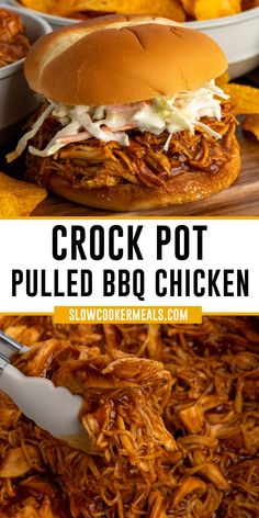 Close-up of pulled BBQ chicken on a bun and in a crock pot. Crock Pot Chicken Shredded, Crockpot Barbecue Pulled Chicken, Easy Dinners With Stuff You Already Have, Best Pulled Bbq Chicken Crock Pot, Crockpot Chicken Easy Recipes, Easy Bbq Shredded Chicken, Croc Pot Shredded Chicken, Healthy Shredded Bbq Chicken Crockpot, Instant Pot Pulled Chicken Sandwiches