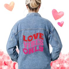 Love Vibes Only Bold Typography Red Pink Love Vibes, Pink Denim Jacket, Pink Denim, Bold Typography, Pink Love, Hat Crafts, Sock Shoes, Clothing And Shoes, Denim Jacket