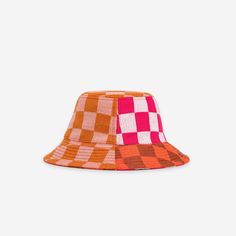 Mixed checkerboard jacquard knit bucket hat. Each hat is one of a kind – patchwork pattern placement may vary, but that's the fun of it. Details Body: 100% Acrylic Lining: 100% PolyesterMachine wash gentle, lay flat to reshape and dry8.5"w, 3.5"h, 2.25" brim Orange Cotton Bucket Hat, Orange Cotton Bucket Hat For Summer, Summer Orange Cotton Bucket Hat, Retro Orange Bucket Hat, Plaid Curved Brim Hat For Beach, Plaid Curved Brim Hat For The Beach, Plaid Hats For Summer Beach, Summer Plaid Brimmed Hat, Plaid Bucket Hat For The Beach