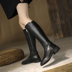 Product information:    Pattern: solid color    Lining material: imitation leather    Color: Black    Heel height: mid heel (3-5CM)    Sock length: high cylinder    Heel shape: chunky heel    Size: 35,36,37,38,39,40,41    Sole material: rubber    Popular elements: belt buckle    Thickness: ordinary thickness    Toe holder shape: round head    Shoe Upper material: artificial PU    Wearing method: side zipper    Applicable Gender: Female    Applicable age: Adult    Function: breathable, waterproof, non-slip, warm, wear-resistant    Suitable season: Winter    Style: Casual   Packing list:   Boots *a pair Product Image: Long Leather Boots, Leather Knee Boots, Equestrian Boots, Buckled Flats, Party Heels, Pu Heels, Genuine Leather Shoes, Long Boots, Urban Chic