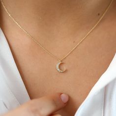 14k Gold Mini Crescent Moon Diamond Necklace – FERKOS FJ Luxury Crescent Moon Charm Diamond Necklace, Cute Diamond Pendants, Luxury Moon-shaped Single Cut Diamond Jewelry, Diamond Pendent Necklace, Small Pendant Design, Rose Gold Plated Jewelry With Moon Charm, Crescent Diamond Necklace Gift, Crescent Diamond Necklace For Gift, Delicate Moon Shaped Jewelry For Anniversary