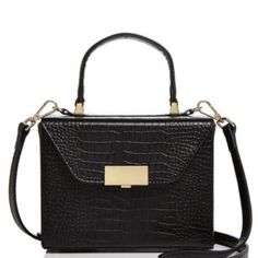 Top Handle, Detachable Adjustable Shoulder Strap Push-Lock Closure; Lined Interior Slip Pocket Protective Metal Feet Croc-Embossed Leather 7.75"W X 5.5"H X 2.5"D; 4" Handle Drop, 25.5" Strap Drop Polyurethane; Lining: Velvet Elegant Rectangular Satchel For Shopping, Rectangular Satchel With Detachable Strap For Shopping, Chic Rectangular Case Bag For Shopping, Trendy Rectangular Box Bag With Adjustable Strap, Trendy Box Bag With Adjustable Strap And Rectangular Shape, Trendy Box Bag With Adjustable Strap, Trendy Rectangular Case Satchel For Shopping, Trendy Rectangular Satchel For Shopping, Rectangular Box Bag With Top Carry Handle