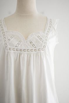 Antique White Cotton Night Gown - Etsy Summer Sleeveless Nightgown With Delicate Lace, Summer Sleeveless Delicate Lace Nightgown, Sleeveless Delicate Lace Summer Nightgown, White Broderie Anglaise Nightgown For Sleep, White Sleeveless Sleepwear With Delicate Lace, Sleeveless Lace Patchwork Nightgown For Sleep, Sleeveless Lace Bodice Nightgown For Summer, Sleeveless Cotton Nightgown With Lace Trim, Sleeveless Nightgown With Lace Bodice