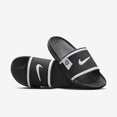 Rep the Las Vegas Raiders all the way down to your feet in these Offcourt slides. A cushioned synthetic leather strap features your team's logo, while an innovative foam midsole makes this slide so comfy, you’ll never want to take it off. Nfl Shoes, Nike Slides, Black Slides, Las Vegas Raiders, Plush Fabric, Slides Shoes, Way Down, Synthetic Leather, Slide Slipper