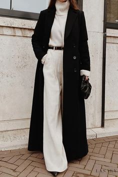 Lasaky - Chic Solid Cardigan with Turndown Collar - Fashionable Outerwear Black And White Outfit, Stile Hijab, Gaun Fashion, Coat Outfits, Moda Vintage, Trend Fashion, 가을 패션, 2000s Fashion, White Pants