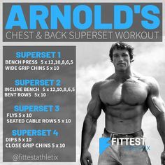 a man with no shirt standing in front of a sign that says armold's chest and back superset workout