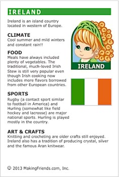 the ireland flag is shown with information about food and drinks in english, spanish, and french