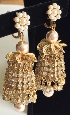 Fabulous Vintage Miriam Haskell Extra Long Chandelier Earrings~Baroque Pearls/Rhinestones/Gold-Tone Ornate Evening Earrings With Intricate Design, Evening Intricate Drop Chandelier Earrings, Vintage Jeweled Clip-on Earrings For Evening, Antique Clip-on Earrings For Evening, Vintage Earrings With Intricate Design For Evening, Ornate Jeweled Party Earrings, Evening Dangle Earrings With Intricate Design, Traditional Clip-on Earrings For Evening, Intricate Design Dangle Earrings For Evening