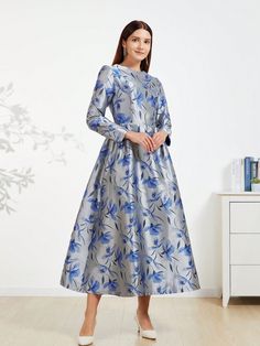 Elegant Women's Jacquard Party Dress Multicolor Elegant  Long Sleeve Woven Fabric Floral,Plants,All Over Print A Line Non-Stretch  Weddings & Events, size features are:Bust: ,Length: ,Sleeve Length: 파티 드레스, Women Formals, Fabric Floral, Girl Falling, Wide Leg Denim, Formal Evening Dresses, Ladies Party, Girls Jeans, Elegant Woman