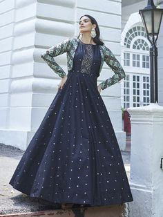 Buy impressive blue cotton wedding gown online at best price from Inddus. This stunning gown suit is the perfect wear for upcoming diwali festival celebration. Designer Cotton Silk Salwar Kameez Maxi Length, Semi-stitched Cotton Silk Blue Anarkali Set, Blue Floor-length Gown For Eid, Blue Chanderi Floor-length Kurta, Floor-length Gown With Dori Work For Diwali, Floor-length Blue Kurta With Zari Work, Blue Cotton Silk Dress With Zari Work, Blue Dresses With Resham Embroidery In Cotton Silk, Blue Floor-length Kurta With Zari Work