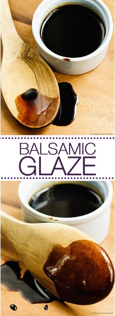 balsamic glaze in white bowls and wooden spoons