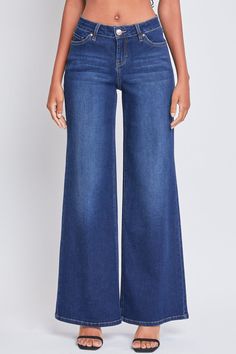 These Women’s Low Rise Wide Leg Jeans will have you feeling too hot to handle! This jean is made with midweight stretchy denim and a low-waisted rise for your ultimate comfort, while the wide leg shape creates a flattering silhouette that elongates your legs. Constructed with a classic five-pocket construction and a front zip fly with single button closure. Style with a fitted crop and tennis shoes for a trendy street look, or swap your sneakers for heels to sass things up! Product Details: - Hi Low Rise Wide Leg Jeans, Ymi Jeans, Too Hot To Handle, Street Look, Women Lifestyle, Low Waisted, Women Essentials, Front Design, Medium Blue