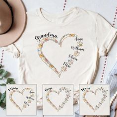 three personalized t - shirts with flowers and hearts on them, including the name grandma