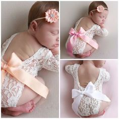 a collage of photos with a baby wearing a white lace bodysuit and pink flower headband