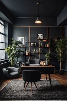 an office with black walls, wooden shelves and potted plants on the desks