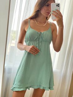 FREE SHIPPING Parisian Summer Dress Solid A-Line Backless V Neck JKP4846 Casual Green Camisole Dress, Casual Green Sundress With Spaghetti Straps, Casual Cami Mini Dress For Vacation, Casual Camisole Mini Dress For Beach, Casual Spring Mini Dress With Straps, Green V-neck Dress With Straps, Spring Casual Camisole Sundress, Casual Green Mini Dress With Tie Straps, Casual Camisole Sundress For Spring