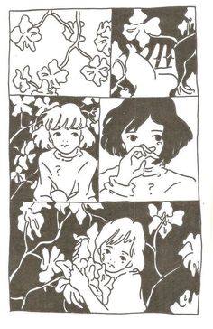 a black and white drawing of two girls in front of some flowers, one girl is brushing her teeth