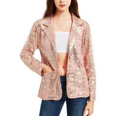 Elevate your outfit with our Long Sleeve Sequin Blazer Jacket. This jacket features sparkling sequins, a lapel collar, long sleeves, and an open front with button closure, making it perfect for adding a touch of glamour to any occasion. Linen Jackets Women, Womens Tailored Suit, Work Christmas Party, Jackets Casual, Sequin Blazer, Long Sleeve Sequin, Linen Jacket, Long Sleeve Blazers, Womens Fleece