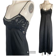 In Excellent Condition. This Looks Like It Was Never Worn. Sz S Long, Maxi Length With Lace Trim Hem. Sheer Lace Bust And Back Panel. 100% Nylon Black Measurements- 16” Pit To Pit 14” Across, Just Under Bust 54” Top Of Strap To Hem Black Summer Evening Sleepwear, Black Summer Sleepwear For Evening, Black Evening Sleepwear For Summer, Vintage Sheer Sleepwear For Evening, Black Lace Trim Summer Nightgown, Summer Black Nightgown With Lace Trim, Black Sheer Nightgown, Sheer Nightgown For Summer Nights Out, Sheer Nightgown For Night Out In Summer