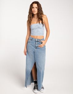 Bdg Urban Outfitters Ruth Denim Maxi Skirt. Zip Fly. Belt Loop Waist. Traditional Five Pocket Styling. Front Slit. Raw Edge Hem. Medium Wash. Approx. Length: 38''. 100% Cotton. Machine Wash. Imported. Model Is Wearing A Size Small. Model Measurements:height: 5'7" Bust: 29"waist: 22"hips: 34.5" Long Jean Skirt, Bdg Urban Outfitters, Womens Denim, Denim Maxi, Denim Maxi Skirt, Jean Skirt, Modest Outfits, Raw Edge, Model Measurements