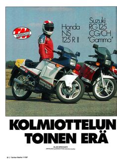 a man standing next to two motorcycles in front of a sign that says kolmote lun tonen era