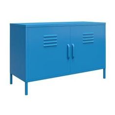 a blue metal cabinet with two doors