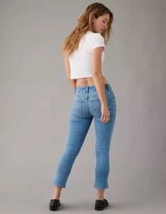 AE Next Level Low-Rise Artist Crop Jean High Rise Fitted Cropped Jeans For Spring, Spring High-rise Cropped Jeans, Spring Mid-rise Bottoms, Spring Stretch Cropped Jeans, Trendy Cropped Hem Summer Bottoms, Spring High Rise Stretch Cropped Jeans, Fitted Cropped Leg Jeans For Spring, Casual Cropped Hem Bottoms For Summer, Trendy Stretch Cropped Jeans