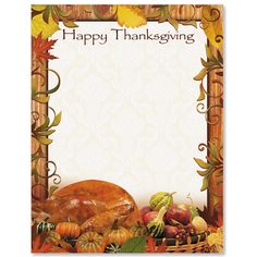 a thanksgiving greeting card with a turkey and autumn leaves on it's border, in front of an ornate frame