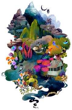 an illustration of a house in the middle of water with mountains and flowers around it