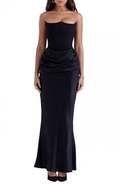 HOUSE OF CB Persephone Strapless Satin Corset Cocktail Dress | Nordstrom Pre-draped Satin Strapless Dress For Gala, Fitted Strapless Pre-draped Evening Dress, Fitted Strapless Pre-draped Dress For Formal Occasions, Fitted Bodice Bandage Dress For Gala, Fitted Pre-draped Satin Dress For Gala, Satin Finish Corset Dress For Evening, Fitted Pre-draped Satin Evening Dress, Strapless Corset Dress For Evening With Fitted Bodice, Party Corset Dress With Satin Finish