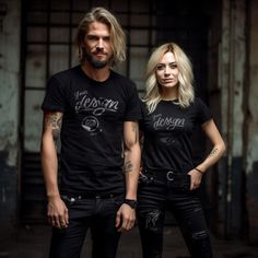 INSTANT DOWNLOAD - no physical item will be delivered Couple in black T shirts mockup. Embrace the dark allure of urban mystique with this mockup presenting an enigmatic couple in black T-shirts against a moody urban setting. The couple's edgy and mysterious look adds an element of intrigue to your designs, capturing the attention of those who appreciate the darker and more rebellious side of urban fashion. Once your payment is cleared, you will receive an email with the download link. You can also access your purchase via your Etsy profile. Download the files, and start working on your images.  The high-resolution JPG file of t-shirt mockup will be blank and without any watermarks. Use any image editing software and add your design on top of the base image. Now you can upload it to your o Black Branded T-shirt For Fan Merchandise, Black Fan Merchandise T-shirt With Branding, Black Branded Tops For Fan Merchandise, Black Tops For Fan Merchandise With Branding, Black Tops For Fan Merchandise, Urban Black Shirt For Fan Merchandise, Black Basic T-shirt For Fan Merchandise, Basic Black T-shirt For Fan Merchandise, Band Merch T-shirt For Streetwear