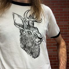 Handmade Jackelope Black And White Baseball Tee. These Are Printed By Hand In My Shop And Will Each Have Slight Variations. These Are Made With High Quality, Extra Soft Cotton Shirts, Not Cheap Gliden Concert Shirts. Vintage Feel And Look. White Hand Printed Crew Neck Top, Casual White Hand Printed T-shirt, Casual Crew Neck Hand Printed T-shirt, Casual Hand Printed Crew Neck T-shirt, White Hand Printed Short Sleeve Tops, Casual White Hand-printed Top, Casual Hand Printed Tops For Spring, Shirts Vintage, Concert Shirts