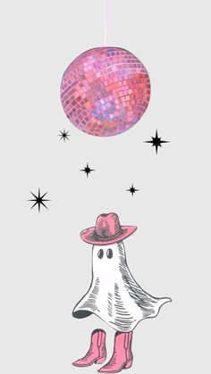 a drawing of a bird wearing a pink hat and boots with stars in the background