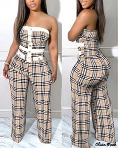 Look Disco, Tube Jumpsuit, Button Decor, Strapless Jumpsuit, Plaid Print, Wide Leg Jumpsuit, Tulum, Look Fashion, Classy Outfits