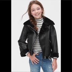 Gap Kids Faux Fur Biker Jacket Gap Black Winter Outerwear, Black Gap Outerwear For Spring, Gap Black Spring Outerwear, Spring Black Outerwear By Gap, Gap Casual Black Outerwear, Casual Black Gap Outerwear, Trendy Gap Winter Outerwear, Fall Hooded Jacket, Kids Leather Jackets