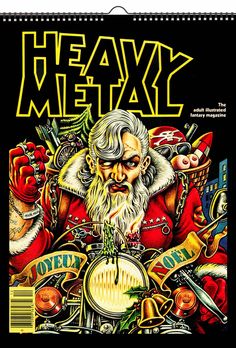 the cover to heavy metal magazine, featuring santa claus riding a motorcycle with his beard