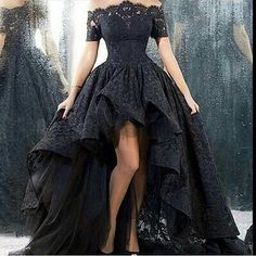 Off Shoulder Black High Low Lace Prom/Evening Gowns,High Low Lace Homecoming Dress 2018 Black Lace Ball Gown, Sukienki Maksi, Couture Dior, Black Lace Wedding Dress, High Low Evening Dresses, Black Lace Wedding, Wedding Dress Black, High Low Prom Dresses, Lace Evening Gowns