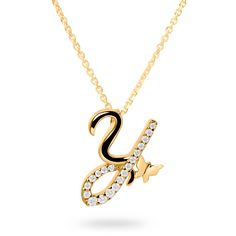 The “Letter Y” pendant necklace features a delicate butterfly and lab-grown diamonds set in white or yellow gold. Available in 10K or 14K white or yellow gold pendants feature a 10K rose gold butterfly Available chain lengths: 16 and 18 inches Set with round lab-grown diamonds, .15 ctw Attention to quality and detail is paramount to Ivy Jewelry Made in New York City Inspiration Timeless. Sentimental. Elegant. The designer added a delicate butterfly to each letter in the series to symbolize a “be Letter Y Necklace, Letter Pendent, Ivy Jewelry, Y Necklace Gold, The Letter Y, City Inspiration, A Beautiful Soul, Locket Design, Rose Gold Butterfly