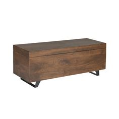 a wooden chest with metal legs on an isolated white background, it is made of wood and has a dark brown finish