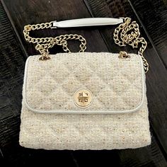 Kate Spade Natalia Small Flap Crossbody Off-White/Multi Bag Quilted Tweed In Off-White And Gold With Gold Sequins One Card Pocket On Inside Plus Back Pocket Measures 8.5” Across X 6” High X 2.5” Deep Bought In December 2021 - Only Used Twice - Like New Gold Sequins, Kate Spade Bag, Kate Spade, Bag Lady, White Gold, Shoulder Bag, Women Shopping, Gold, White