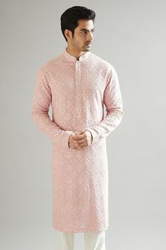 Blush Pink Colour Georgette embroidery mens kurta pajama set for indian wedding wear. can be any customization requirement? contact me feel free we provide all customized services. We provide any customization color size for Customer requirement according so any your requirement contact Us feel free. The garment should always be dry-cleaned only NOTE: All our items are handmade and specially customized for our beautiful customers. Please expect minor variations in the actual product as compared to the image displayed. We make it exclusively using similar fabrics. Product color may slightly vary due to photographic lighting sources or your monitor settings. Order will not be canceled once placed. Please check our terms & conditions before placing an order. For Express Shipping Please contac Luxury Men's Jamawar Churidar, Mens Kurta Pajama, Kurta Pajama Men, Desi Dress, Stylish Kurtis Design, Pink Kurta, Kurta Men, Mens Kurta, Kurta Pyjama